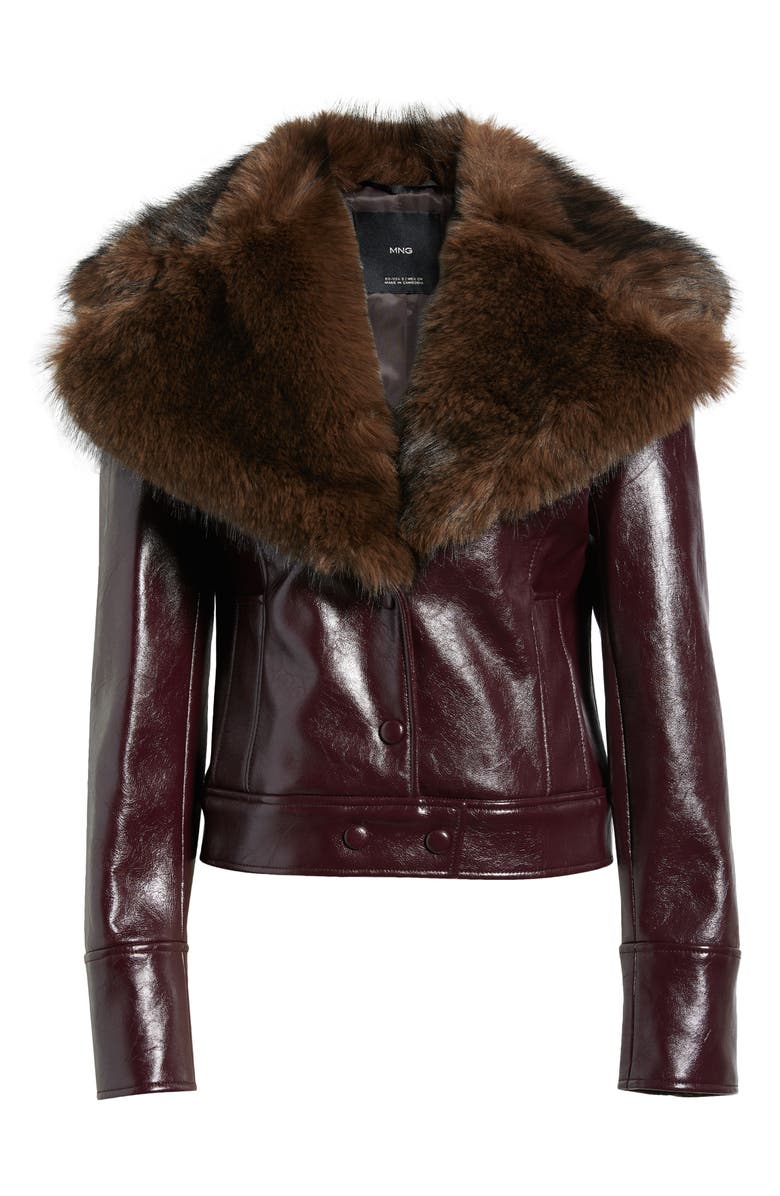 MANGO Cleo Faux Fur Collar Faux Leather Crop Jacket, Alternate, color, Maroon