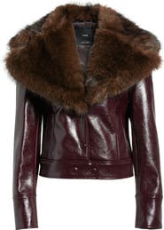 MANGO Cleo Faux Fur Collar Faux Leather Crop Jacket