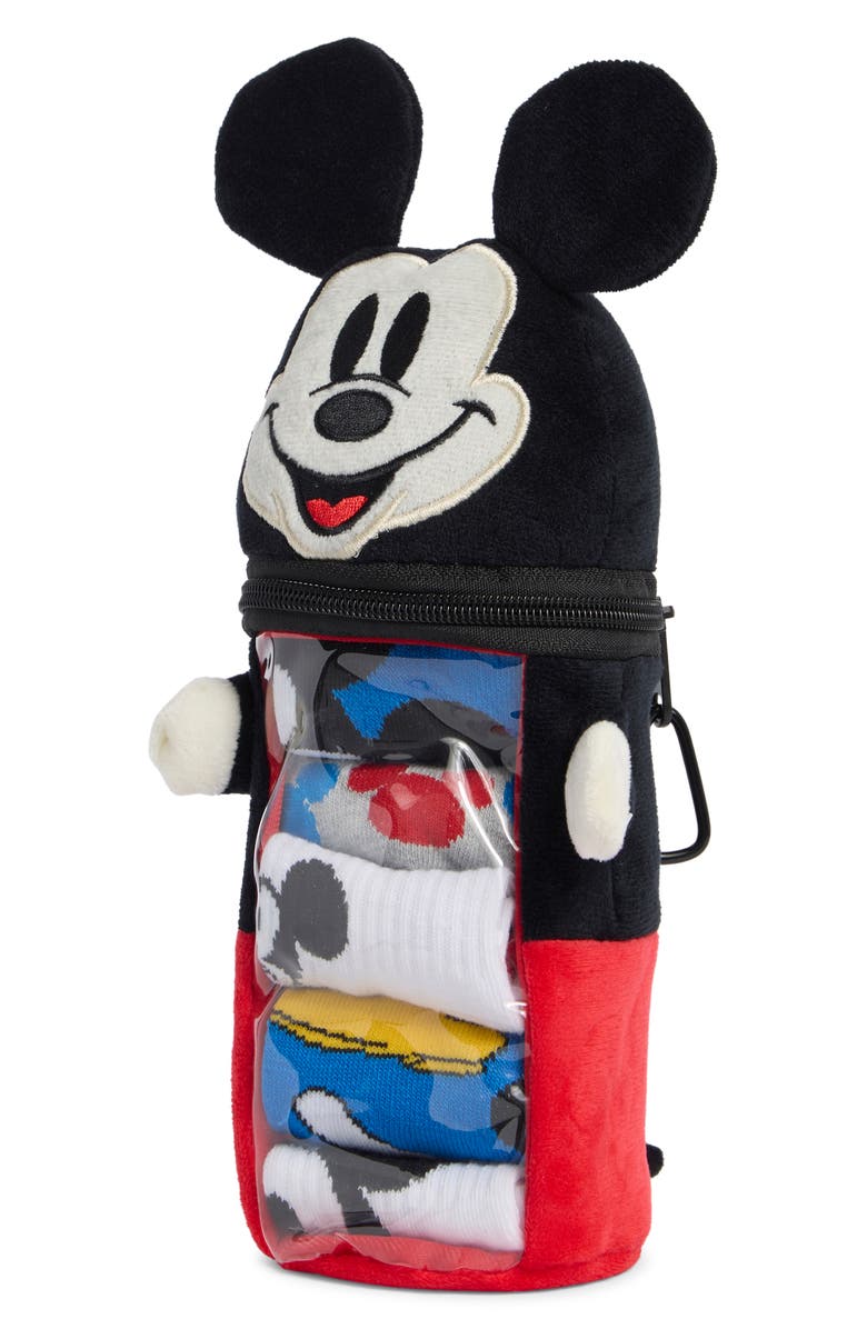 BERKSHIRE FASHIONS Kids' Disney<sup>®</sup> Mickey Assorted 5-Pack Quarter Crew Socks with Reusable Pouch, Alternate, color, Blue Multi