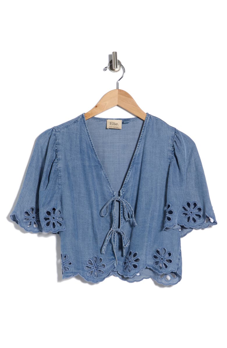 ELIE ELIE TAHARI Tie Front Chambray Eyelet Trim Top, Main, color, Chambray