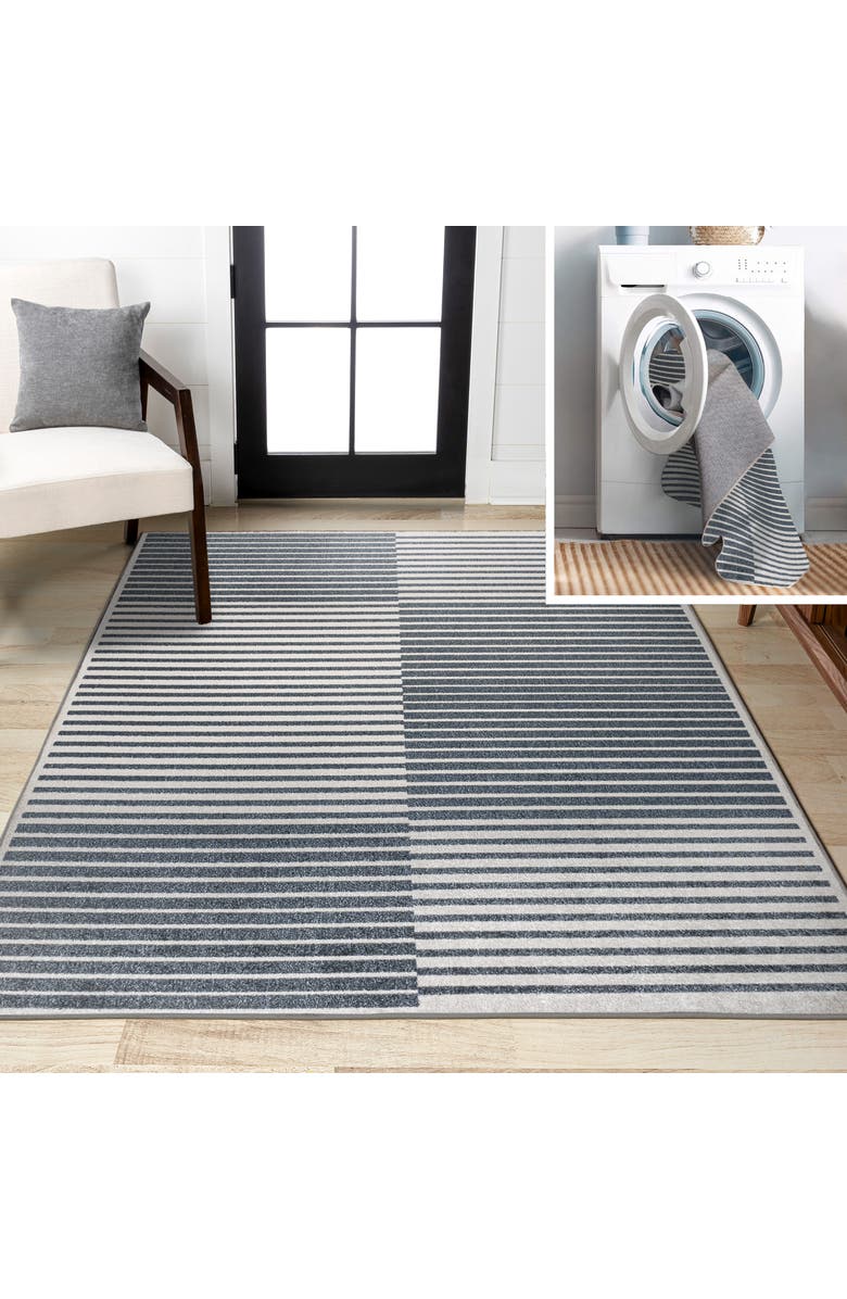 JONATHAN Y Shutter Minimalist Striped Plaid Machine-Washable Area Rug, Main, color, Dark Gray/Cream