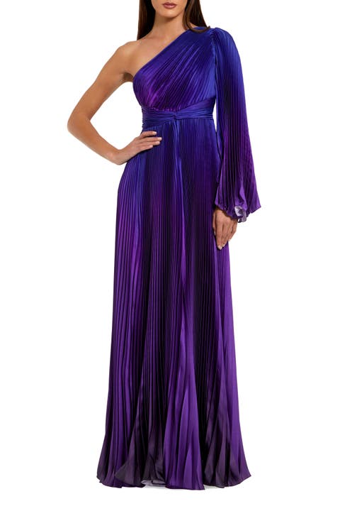 Pleated Charmeuse One-Shoulder Flare Sleeve Gown