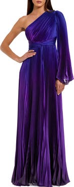 Mac Duggal Pleated Charmeuse One-Shoulder Flare Sleeve Gown