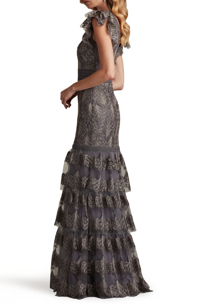 Tadashi Shoji Flutter Sleeve Tiered Plunge Neck Gown, Alternate, color,