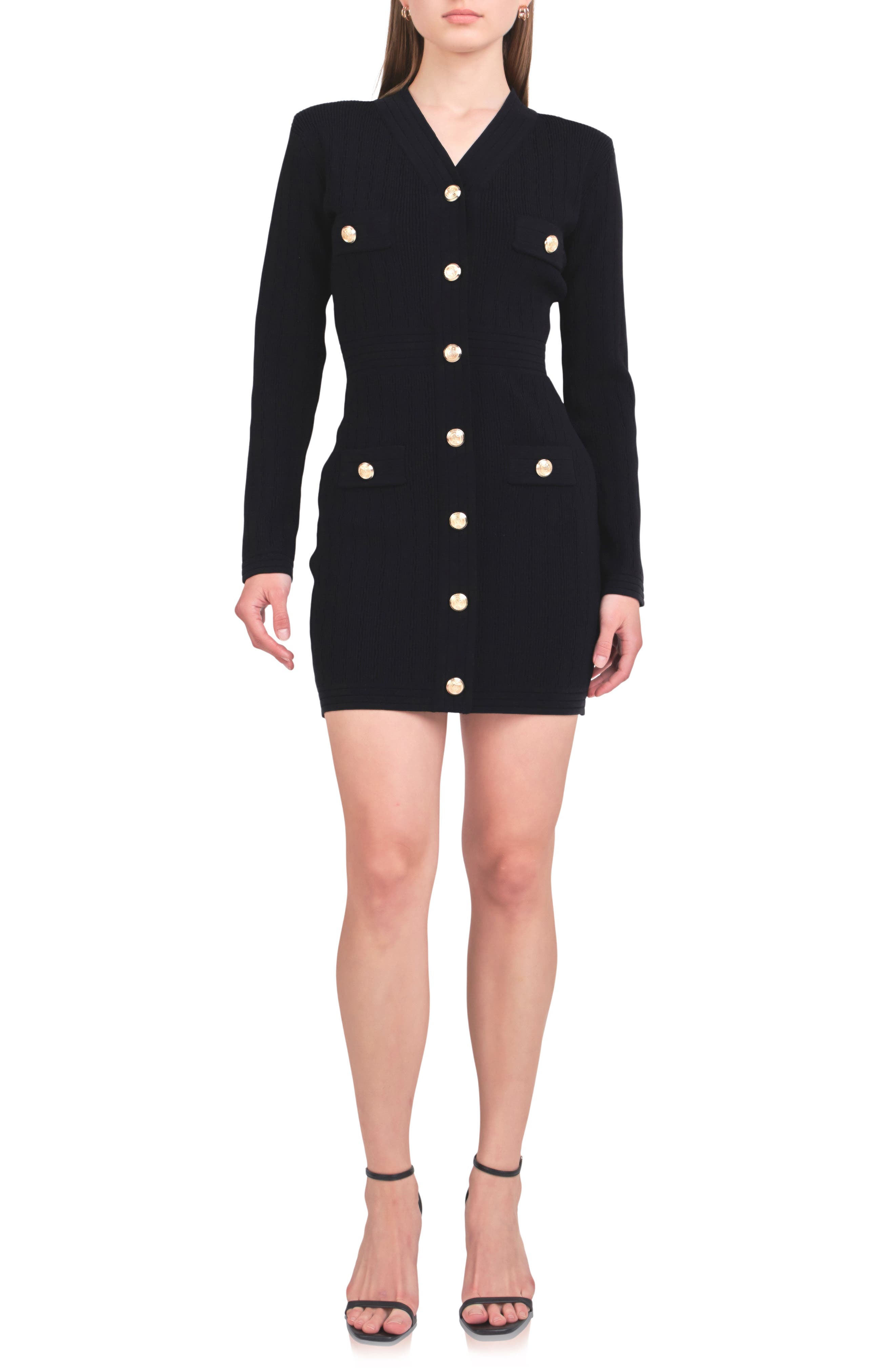 Padded Shoulder Long Sleeve Sweater Minidress