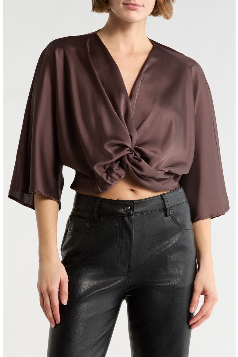 Plunge Neck Long Sleeve Twisted Knot Satin Top, Main, color, BROWN