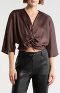 Renee C Plunge Neck Long Sleeve Twisted Knot Satin Top