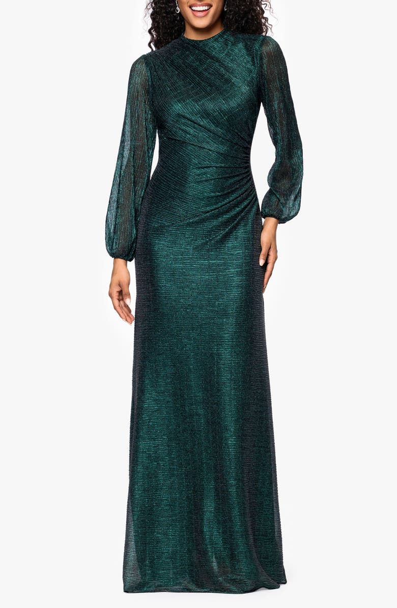 Betsy & Adam Metallic Crinkle Long Sleeve Sheath Gown, Main, color, Black/ Emerald