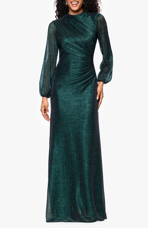 Metallic Crinkle Long Sleeve Sheath Gown