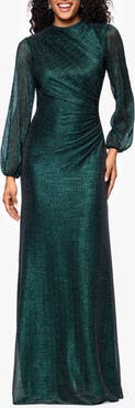 Betsy & Adam Metallic Crinkle Long Sleeve Sheath Gown
