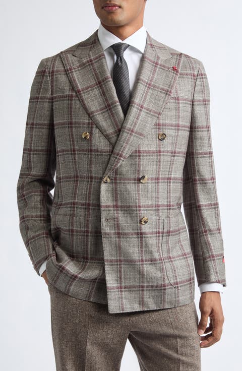 Overcheck Matte Effect Double Breasted Wool & Silk Jacket
