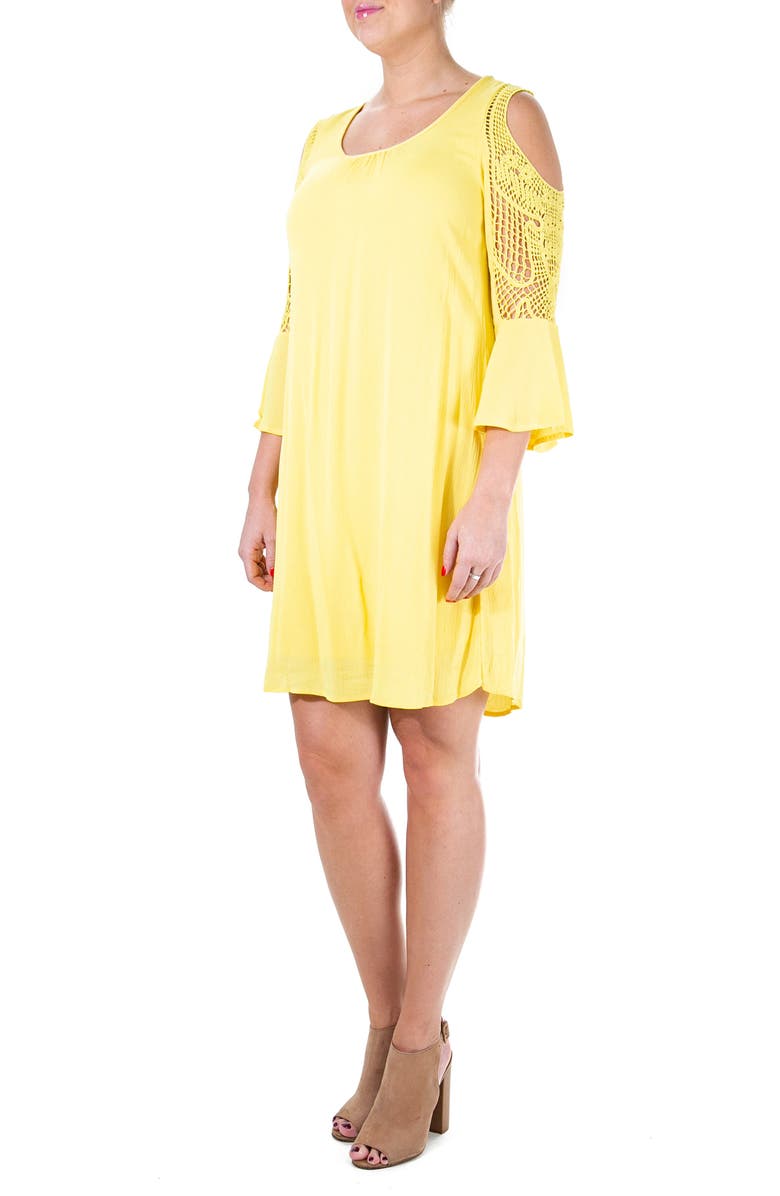 Nina Leonard Crochet Cold Shoulder Long Sleeve Dress, Alternate, color, Canary