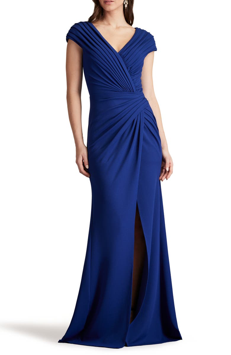 Tadashi Shoji Pleated Crepe Trumpet Gown, Alternate, color, Midnight