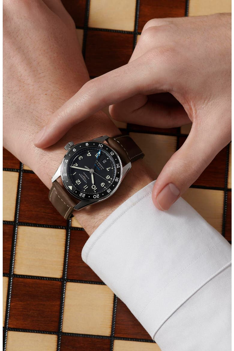 Spirit Zulu Time GMT Automatic Leather Strap Watch, 39mm, Alternate, color, BLACK