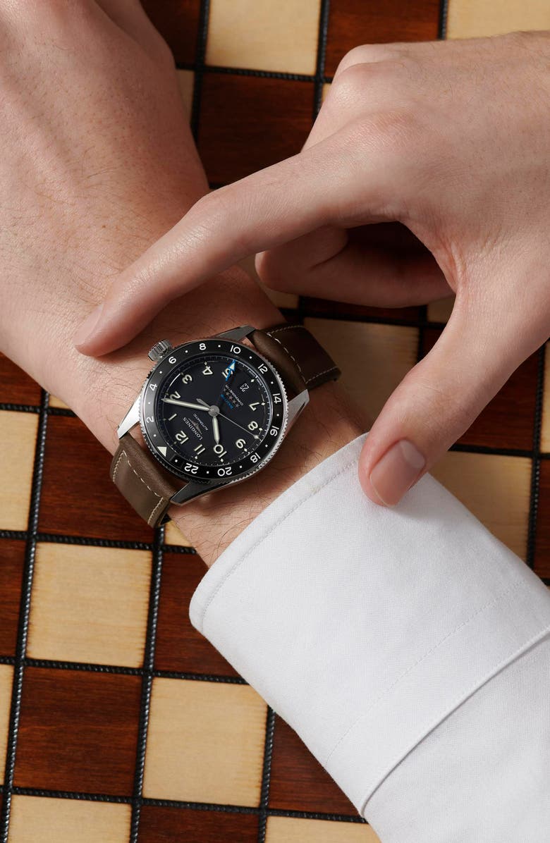 Longines Spirit Zulu Time GMT Automatic Leather Strap Watch, 39mm, Alternate, color, Black