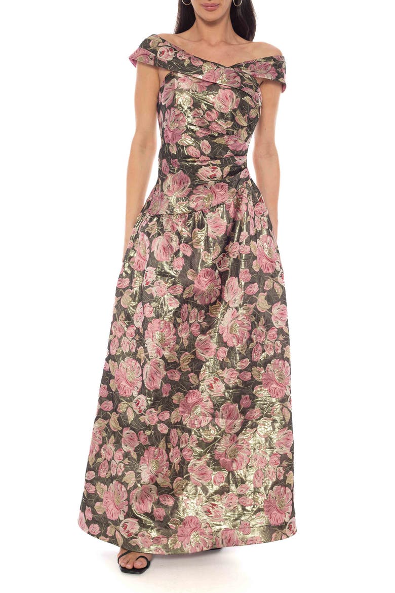 Metallic Floral Jacquard Off the Shoulder Gown, Main, color, PINK/ GOLD