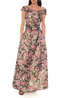 Metallic Floral Jacquard Off the Shoulder Gown