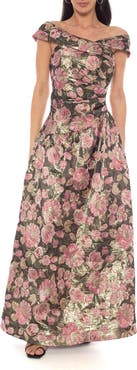 Oleg Cassini Metallic Floral Jacquard Off the Shoulder Gown