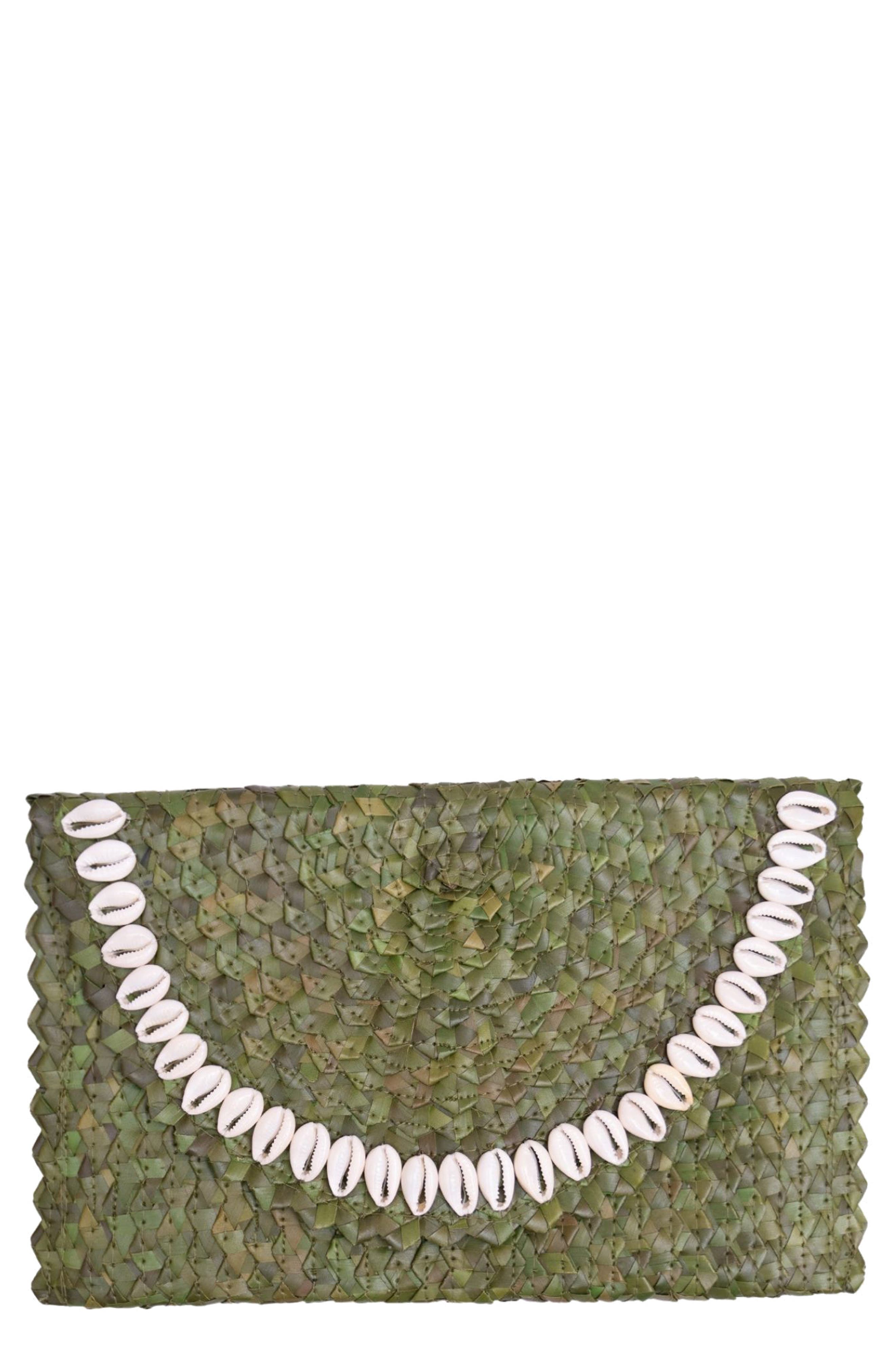 Jelavu Coco Seashell Trim Handwoven Raffia Clutch, Main, color, Moss Green