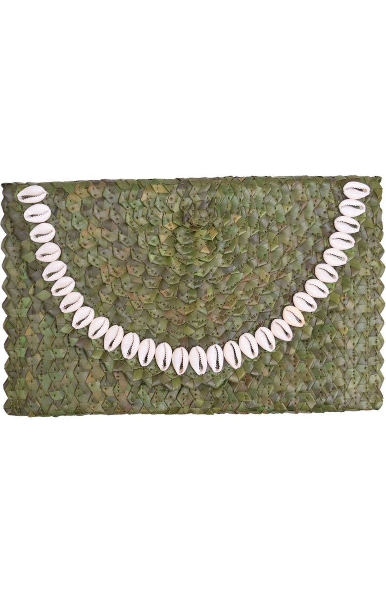Jelavu Coco Seashell Trim Handwoven Raffia Clutch, Main, color, Moss Green