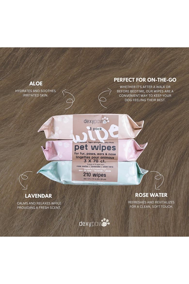 Pet Cleansing Wipes, 3 Packs (70ct each), Aloe Lavender Rose Water, Alternate, color, Multicolored