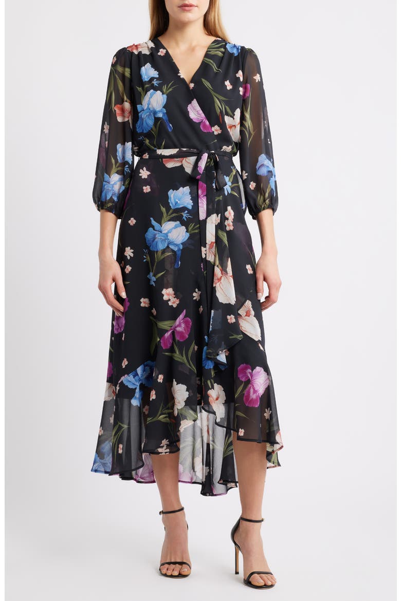Floral Faux Wrap High-Low Dress, Main, color, NAVY/ PINK