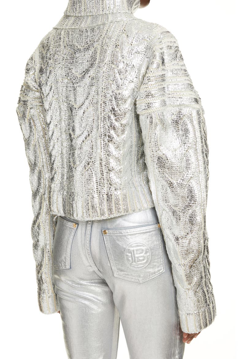 Metallic Cable Knit Crop Virgin Wool Blend Turtleneck Sweater, Alternate, color, GAC BLANC/ ARGENT
