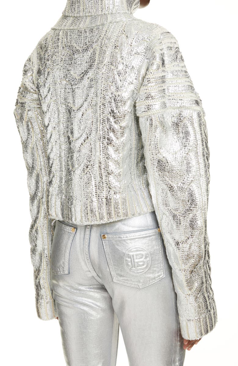 Balmain Metallic Cable Knit Crop Virgin Wool Blend Turtleneck Sweater, Alternate, color, 