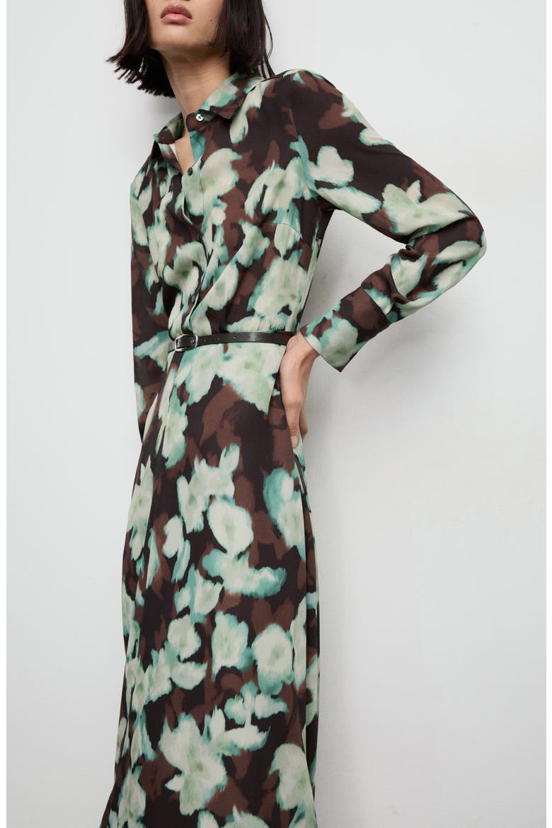 Print Belted Long Sleeve Maxi Shirtdress, Alternate, color, TEAL AND BROWN BLOOMS