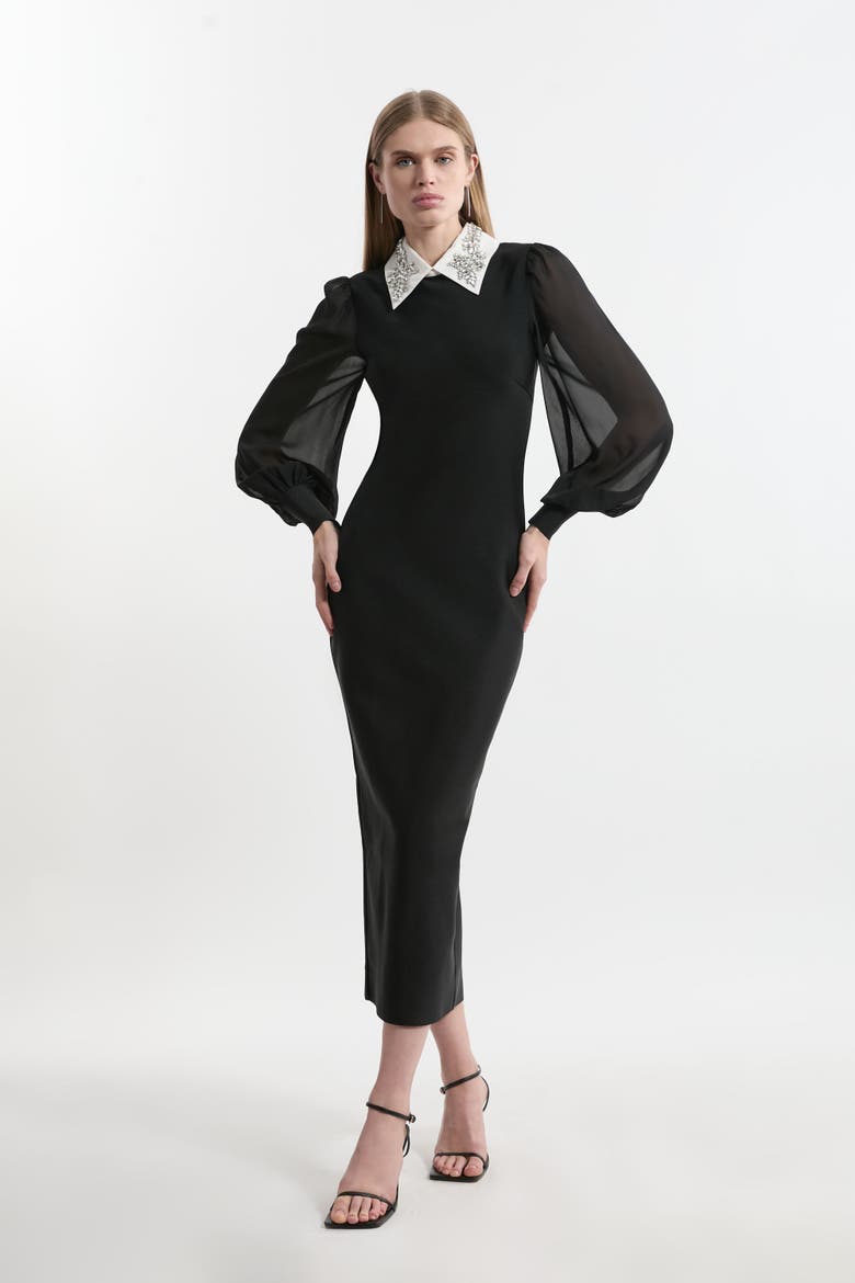 Embellished Collar Knit Midi Dress, Main, color, Black
