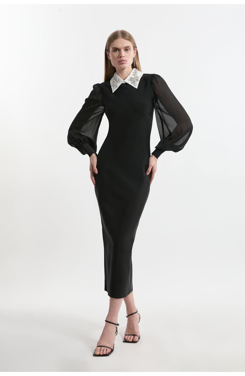 Karen Millen Knit Midi Dress With Sheer Sleeve, Main, color, Black
