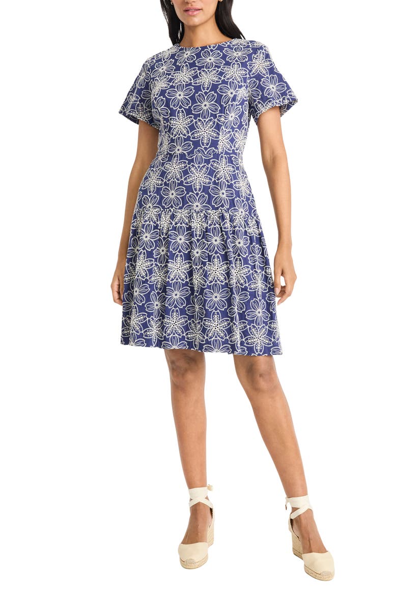 Embroidered Flare Dress, Main, color, BLUE/ WHITE
