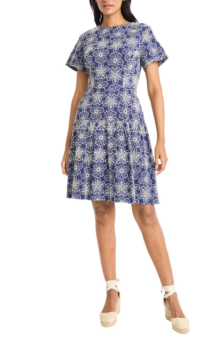 Maggy London Embroidered Flare Dress, Main, color, Blue/ White