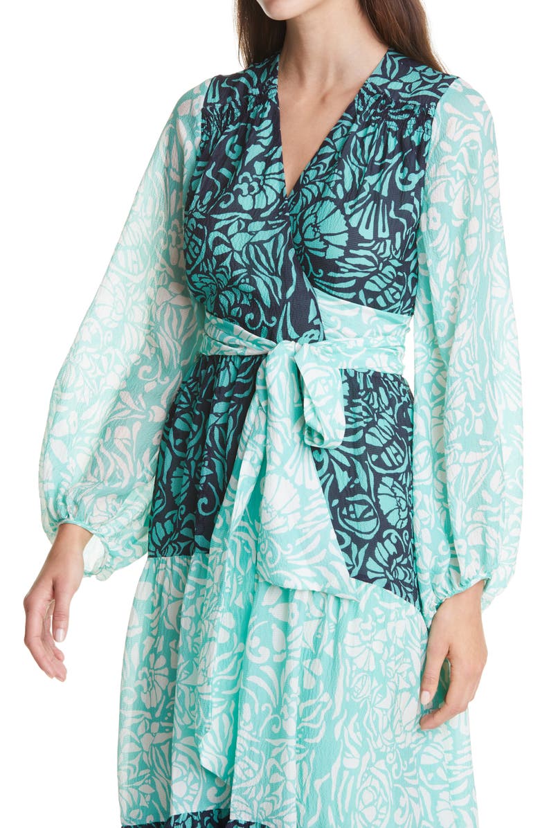 Tanya Taylor Liza Long Sleeve Tie Waist Silk Midi Dress, Alternate, color, 