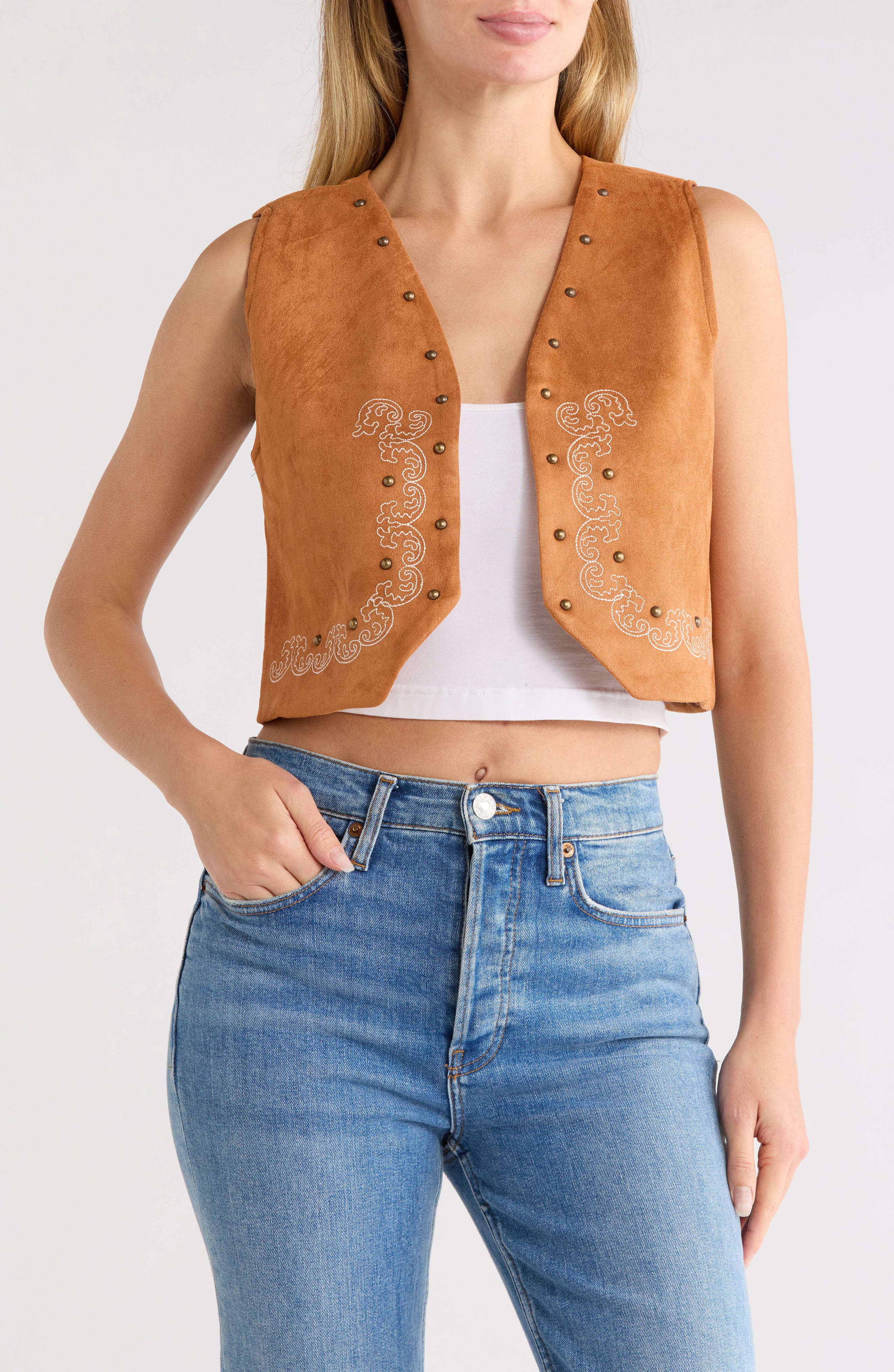 Studded Embroidered Faux Suede Vest