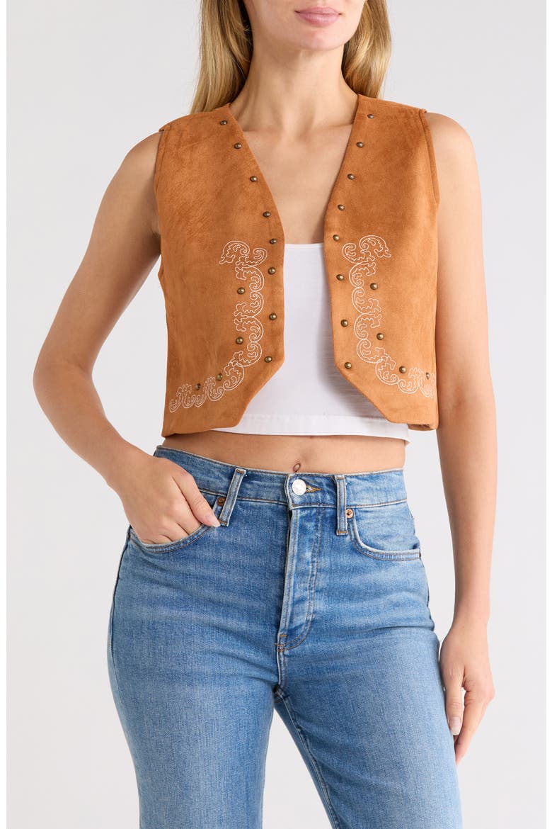 Studded Embroidered Faux Suede Vest, Main, color, CAMEL