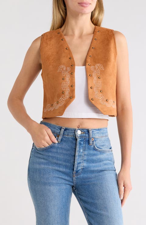 Studded Embroidered Faux Suede Vest