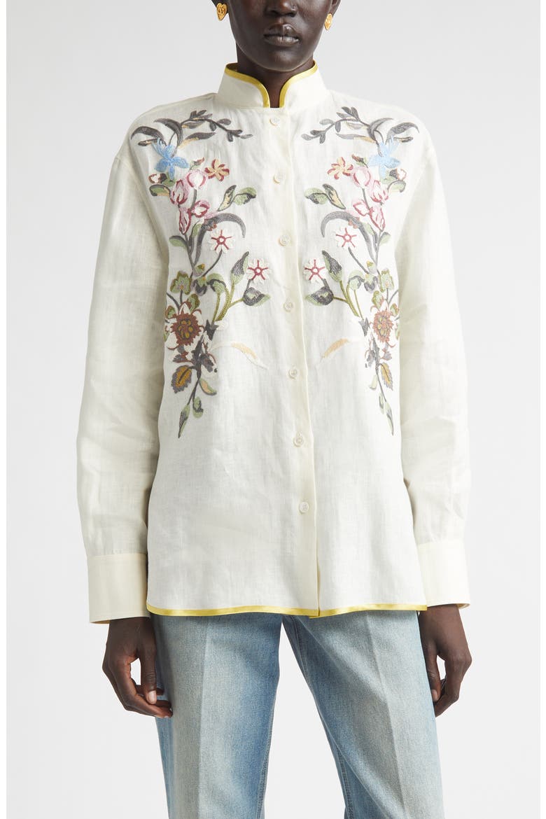 Floral Embroidered Linen Button-Up Shirt, Main, color, IVORY/ MULTI