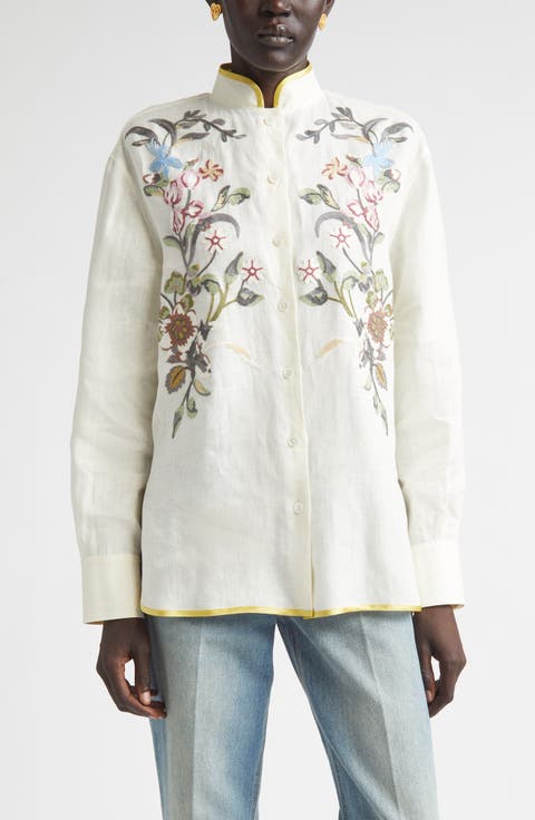 Floral Embroidered Linen Button-Up Shirt