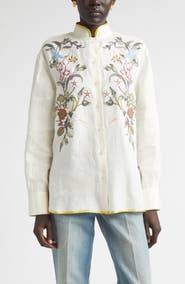 Valentino Floral Embroidered Linen Button-Up Shirt