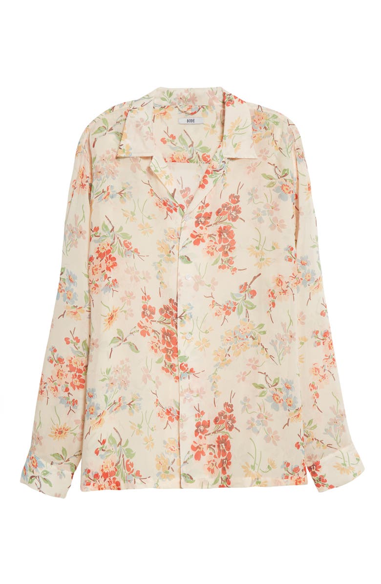 Bode Flowering Crabapple Sheer Long Sleeve Silk Button-Up Shirt, Alternate, color,