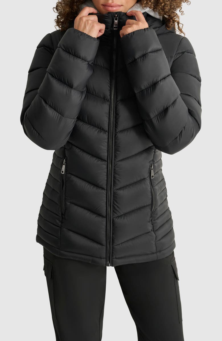 DKNY Cire Packable Hooded Puffer Jacket, Alternate, color, Black