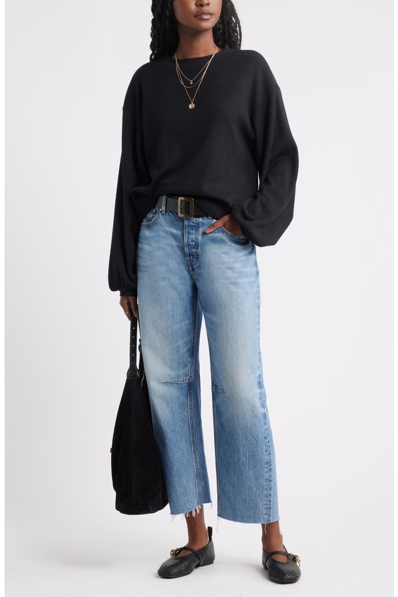 Blouson Sleeve Waffle Knit Top, Alternate, color, BLACK