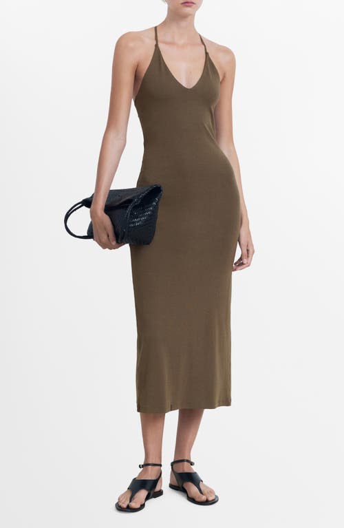 Mango Fitted V-neck Maxi Dress With Open Back In Green