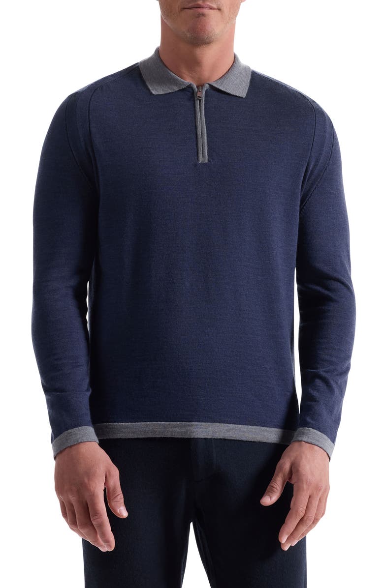 Bugatchi Long Sleeve Merino Wool Quarter Zip Polo Sweater, Main, color, Navy