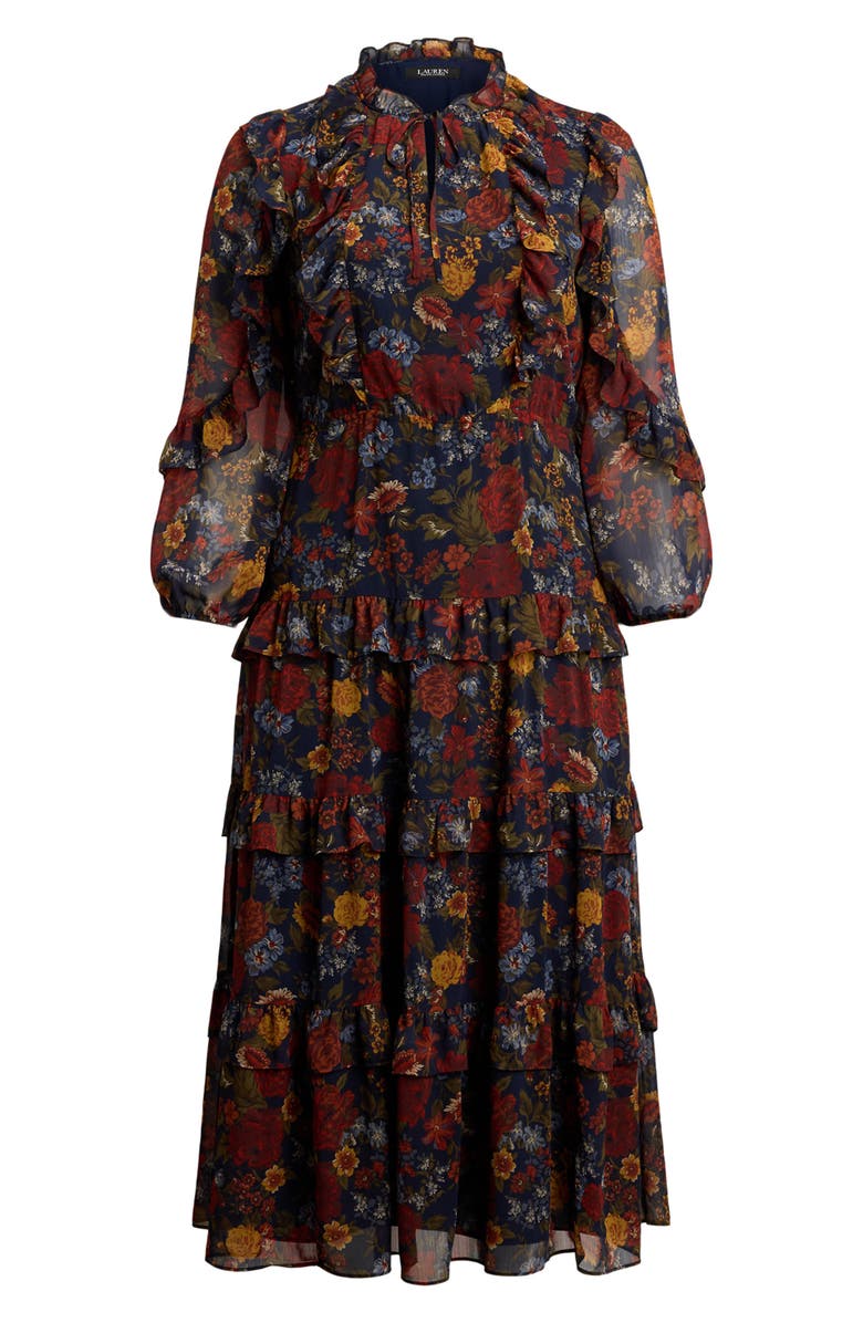 Lauren Ralph Lauren Floral Tiered Long Sleeve Crinkled Georgette Dress, Alternate, color, Navy Multi