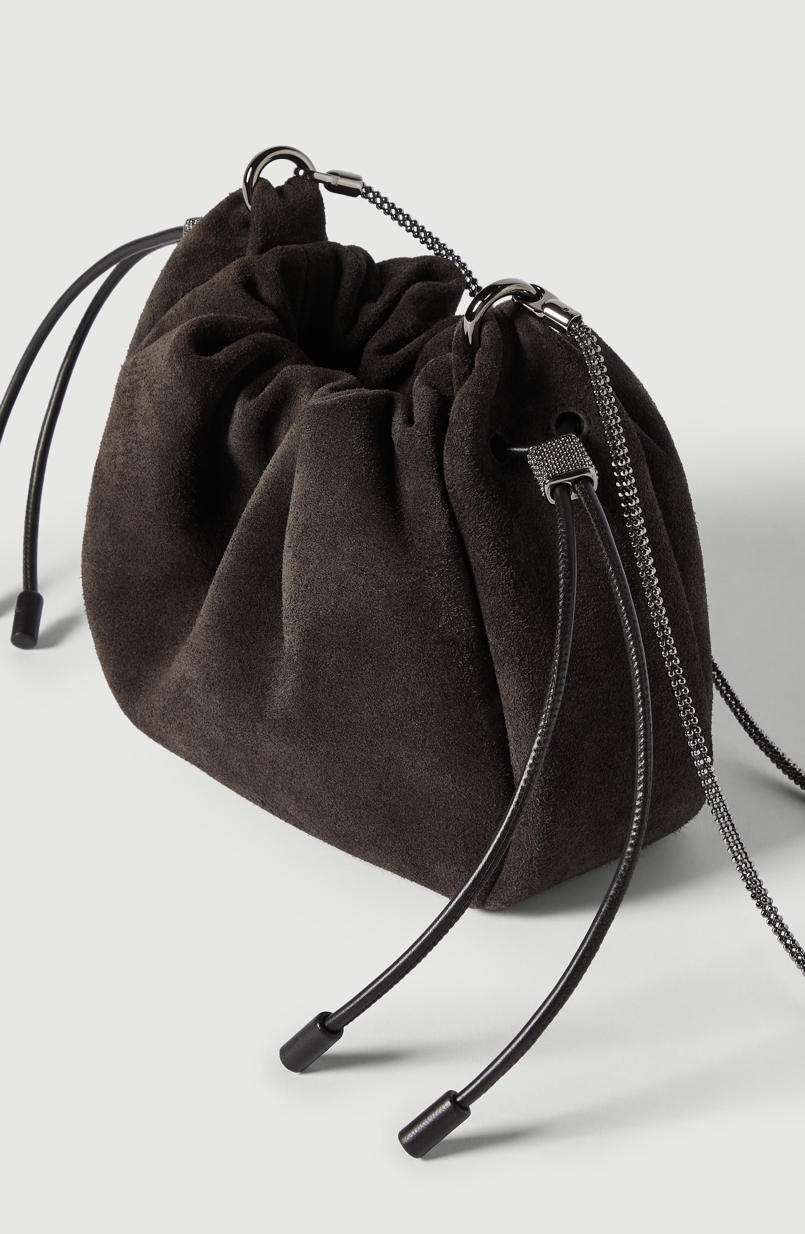 Mellow mini bucket bag in suede with precious chain, Alternate, color, Pepper