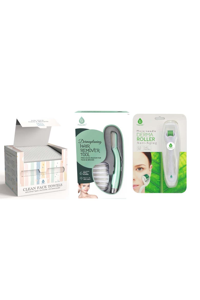 Derma Roller, Dermaplaning Tool & Face Towels, Main, color, White