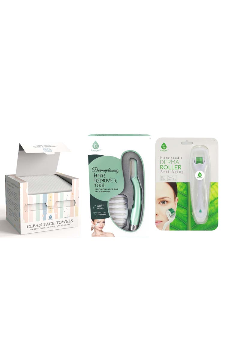PURSONIC Glow-Up Trio Micro Needle Derma Roller, Precision Dermaplaning Tool, & Clean Facial Towels, Main, color, White