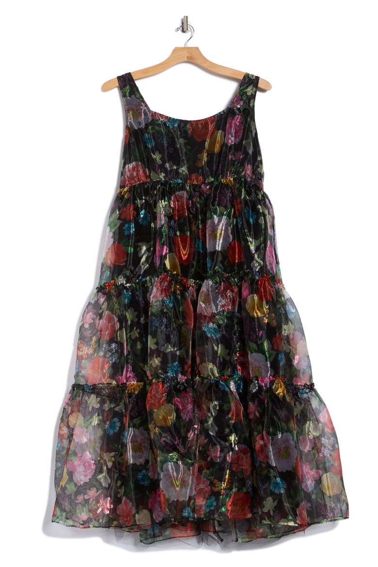 Bow Shoulder Organza Maxi Dress, Alternate, color, BLACK MULTI FLORAL